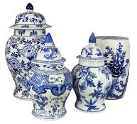 MODERN BLUE & WHITE ORIENTAL STYLE CERAMICS, including a large lidded baluster vase, 62cms (h); pair