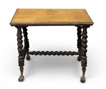 VICTORIAN OAK OBLONG-TOPPED SIDE TABLE, with supports, brass and wooden ball and claw feet, 71 (h) x