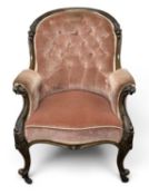 VICTORIAN BUTTON-BACK UPHOLSTERED EASY CHAIR, with carved and scroll arms and supports, 92 (h) x