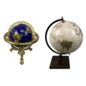TWO SPINNING WORLD GLOBES comprising mineral QVC globe on brass-effect gimble stand and another