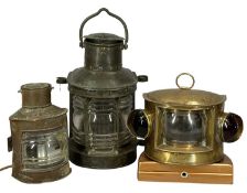 THREE VINTAGE SHIP'S LAMPS, small copper port lamp, 21cms (h); copper mast head lamp, 32cms (h); and