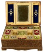 ANGLO-INDIAN CARVED WOOD TRAVELLING CASKET BOX, hinged lid with hinged mirror to the underside,