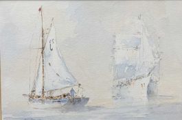 ALAN STARK watercolour - sailing boat and a sailing galleon offshore, signed lower left, 14.5 x