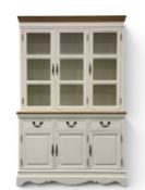CREAM PAINTED DRESSER with three glazed doors enclosing shelved interior, base with three drawers