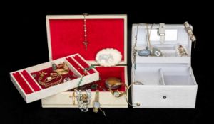 ASSORTED COSTUME JEWELLERY, including rings, brooches, wristwatches, necklaces etc., within two