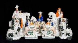 GROUP OF 19TH CENTURY STAFFORDSHIRE FIGURES, including equestrian pairs, Gypsies, 35cms (h); Going