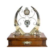 EDWARDIAN OAK DESK COMPENDIUM of rectangular form with drawer, twin square glass inkwells with