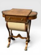REGENCY ROSEWOOD & BRASS INLAID SEWING TABLE circa 1815, the lectern top with demilune hinged