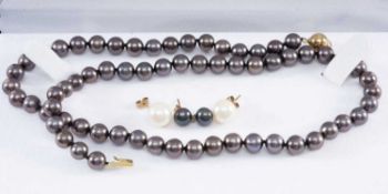 TAHITIAN CULTURED PEARL NECKLACE, 5mms (diam.) pearls, uniform size, united by a 9ct gold ball