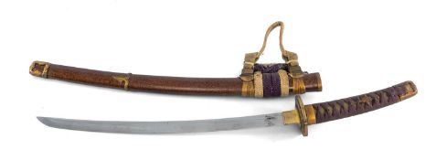 JAPANESE TACHI STYLE MINIATURE ORNAMENTAL SWORD, handle wrapped over ray skin, gilded tsuba,