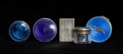 SILVER COLLECTABLES, comprising a George V circular silver powder compact, the lid having blue