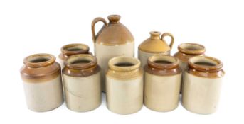 ASSORTED TWO-TONE STONEWARE STORAGE JARS & FLAGONS ETC. Provenance: private collection Cheshire