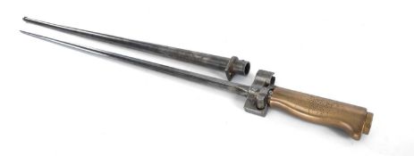 WWI FRENCH LEBEL BAYONET, with cruciform blade, brass handle, tubular scabbard, 65cms (l)