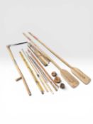 VINTAGE COLLECTABLES, including a scythe, various fishing rods, three wooden fishing reels, and a