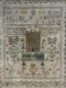 GEORGE III NEEDLEWORK SAMPLER, with alphabet, verse, and depictions of a Georgian house and trees,