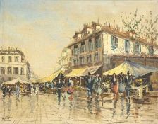 UNKNOWN 20TH CENTURY CONTINENTAL oil on canvas - street market with figures, indistinctly signed