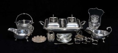 ASSORTED PLATED WARE including pair of sauce boats with acanthus-capped scroll handles, double