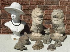 VARIOUS RECONSTITUTED STONE DECORATIONS including two lions, 45cms (h); bust of a lady wearing a