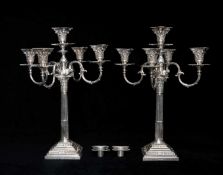 PAIR OF EDWARDIAN SILVER CANDLESTICKS, square stepped and gadrooned bases, Corinthian columns,
