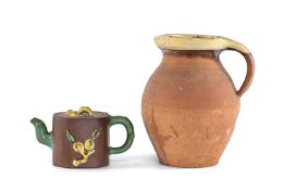 CHINESE YIXING ZISHA CLAY TEAPOT, with coloured relief decoration of branches, fruit and leaves,