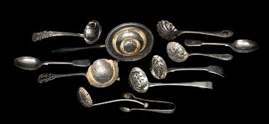 GEORGE III SILVER SIFTING SPOON, by Eley & Fearn, London 1799; Victorian silver fiddle pattern