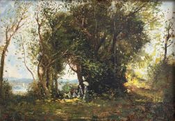 LATE 19TH / EARLY 20TH CENTURY BRITISH SCHOOL oil on canvas - figures picnicking in woodland,