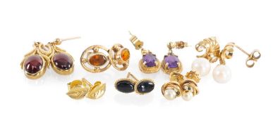 SEVEN PAIRS OF MIXED GEM-SET EARRINGS, including three pairs in marked 9ct gold, gross weight 4.