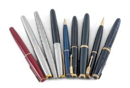 VINTAGE PARKER PENS & PENCILS, including black Duofold and Slimfold fountain pens with 14k gold