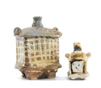TWO UNKNOWN STUDIO POTTERY SLAB DESIGN DRINKING VESSELS, mottle glazed, 28cms (h) the larger