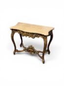 FRENCH ROCOCO FORM CONSOLE TABLE with shaped marble top, gilt painted carved wood base, 81 (h) x 102