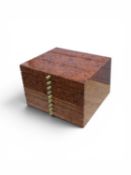 CONTEMPORARY BURR WOOD TABLETOP SHOP CABINET with perspex front and nine drawers, each with brass