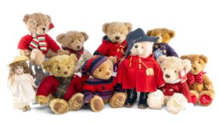 FOURTEEN HARRODS CHRISTMAS BEARS, non-consecutive 1997-2014, with a vintage Paddington Bear, wearing