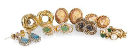 SMALL ASSORTMENT OF 9CT GOLD & OTHER GEM-SET EARRINGS, including two pairs of cameo earrings, pair