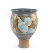 ‡ MICHAEL & BARBARA HAWKINS STUDIO POTTERY PEDESTAL BOWL, decorated with pears and apples on