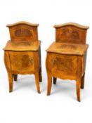 PAIR OF FRENCH INLAID KINGWOOD BEDSIDE CABINETS with raised backs, each with single door, 92 (h) x