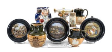 COLLECTABLE CERAMICS, including three framed Pratt pot lids, three Royal Doulton stoneware jugs
