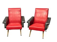 PAIR OF FRENCH 1970s ANGULAR ARMCHAIRS in red and black vinyl upholstery, gilded steel legs, 89 (