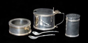 SILVER MUSTARD POT & PEPPERETTE, of oval form, S. Blanckensee & Son Ltd., date mark obscure; and two