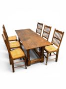 OAK REFECTORY TABLE in 18th century style, two-plank top on turned gun barrel supports united by