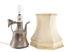 TURKISH HAMMERED COPPER WATER PITCHER with hinged cover, 35cms (h), converted to a table lamp with