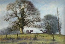 ‡ ALWYN CRAWSHAW (British, 1934-2025) oil on board - two cows in a field, entitled verso 'We Must