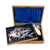 SET OF TWELVE SILVER FISH KNIVES & FORKS WITH MATCHING SERVERS (lacking handles), 26ozt gross, in