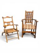 VICTORIAN CAMPAIGN STYLE FOLDING BEECH CHAIR circa 1880; and a stained beech country armchair,