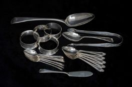 ASSORTED SILVER COLLECTABLES, including sugar nips, teaspoons, napkin rings, and a serving spoon,
