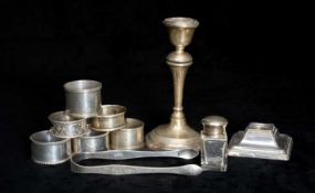 ASSORTED SILVER COLLECTABLES, including six various napkin rings, pair of Georgian sugar nips with