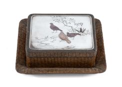 JAPANESE MEIJI PERIOD RECTANGULAR LACQUERED BOX, woven bamboo overlay and stand, lid with silver