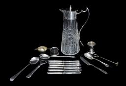 CUT GLASS CLARET JUG, of tapered form, with plated mounts, 27cms (h); set of six silver-handled