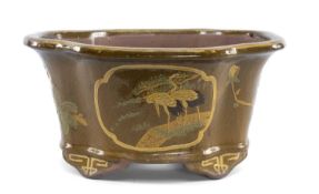 LARGE MARTABAN GLAZED JARDINIÈRE, decorated with cranes, 26 (h) x 49 (w) x 42cms (d) Provenance: