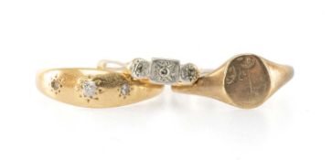 THREE GOLD / YELLOW METAL RINGS, comprising three-stone diamond gypsy ring, 9ct ladies' signet ring,