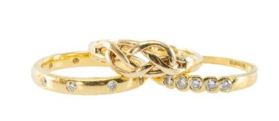 THREE GOLD RINGS, comprising 18ct five-stone diamond ring, matching 18ct spaced diamond ten-stone